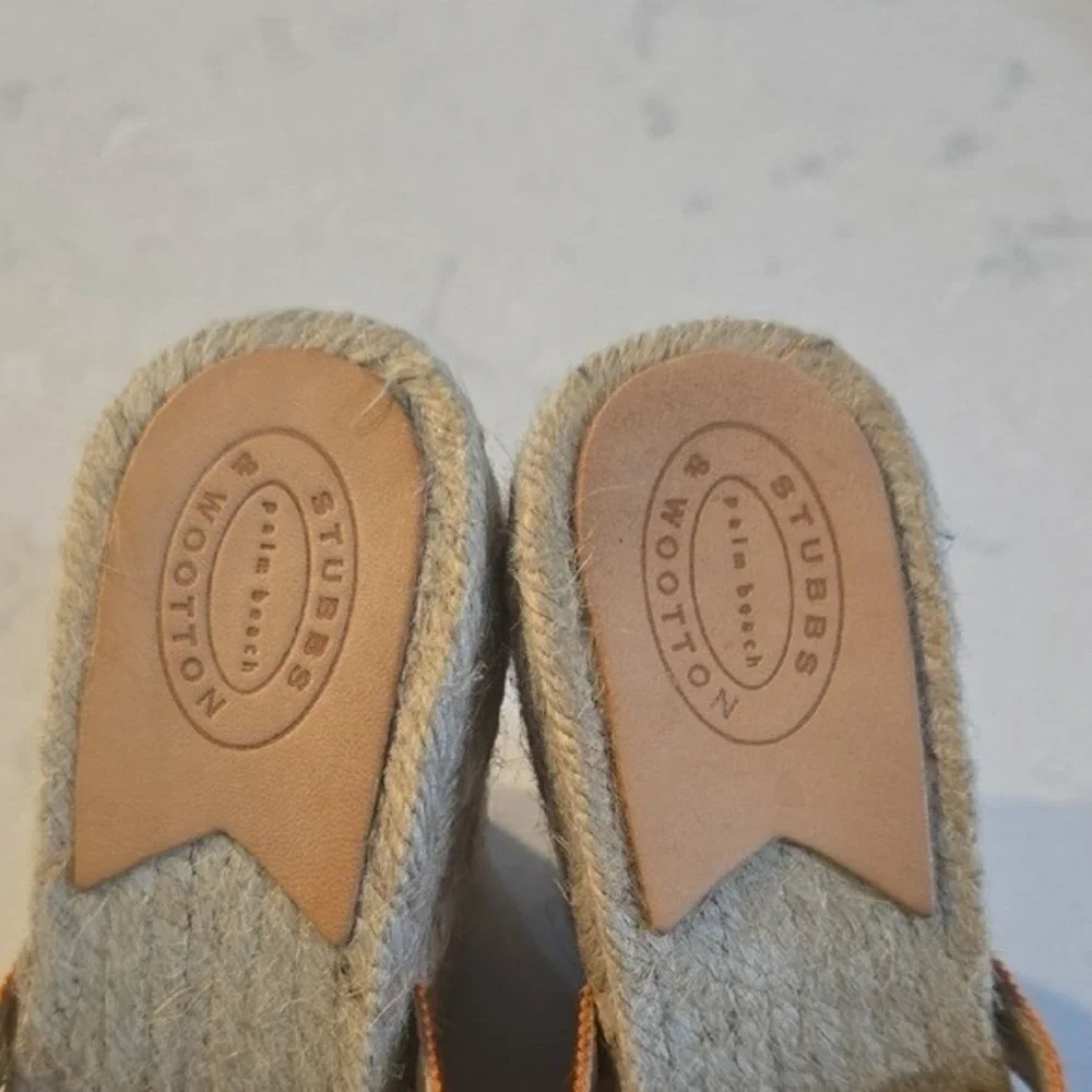 Stubbs & Wootton Orange Grosgrain Espadrille Wedge Sandals Palm Beach Slides